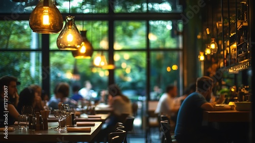 Warmly lit restaurant interior with diners enjoying evening meal.