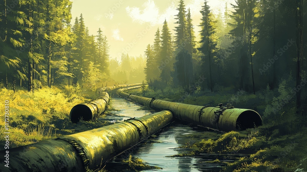 Large pipes traverse a tranquil forest stream. Large pipes traverse a tranquil forest stream.
