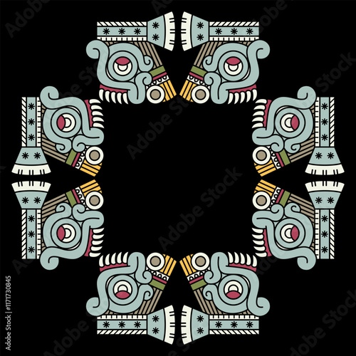 Square ethnic frame with heads of Aztec god Tlaloc. Native American design. Cross shape indigenous ornament.