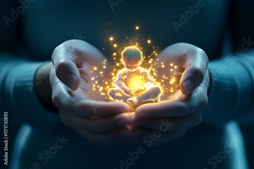 Inner child concept expressed through silhouettes, light, shadow, and emotional connections