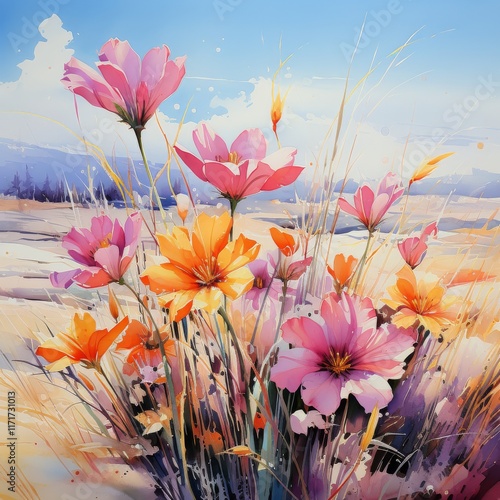 Colorful bouquet of poppies and wildflowers in soft watercolor style