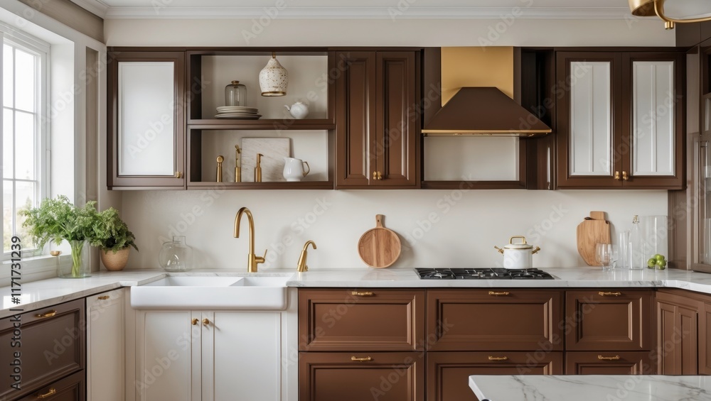 Fototapeta premium Modern kitchen featuring brown white cabinets gold faucet