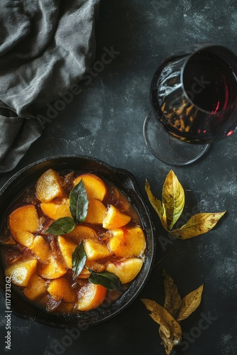 Fresh peaches and delicate white flowers arranged on a dark surface with a gl...