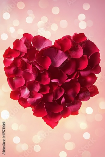 Heart shaped arrangement of red rose petals with soft bokeh lights in the bac...