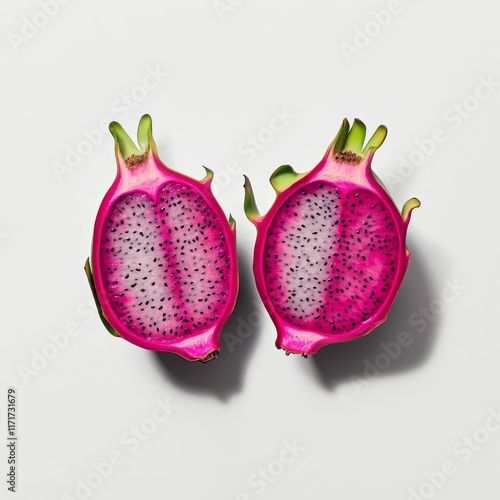 Vibrant pink dragon fruit split in half showcasing its unique texture and col...