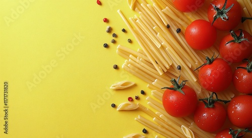 Colorful spiral pasta with fresh tomatoes and spices on a bright yellow backg...