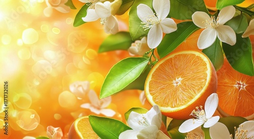 Bright citrus arrangement with oranges and blossoms capturing fresh summer es...