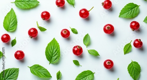 Fresh red currants and green leaves spread on white surface in natural setting