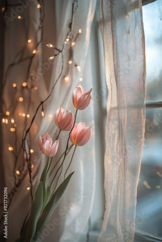 Soft pink tulips illuminated by warm light near a window with sheer curtains ...