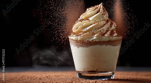 Indulgent dessert topped with creamy swirl and cocoa dust in a glass on dark ...