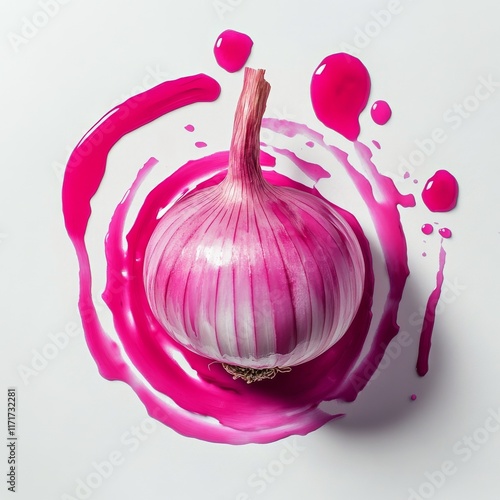Vibrant red onion surrounded by bright pink liquid on white background