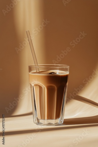 Iced coffee in a clear glass resting on a light brown surface with natural sh...