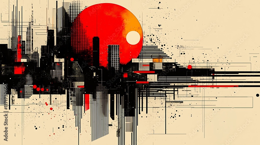 Obraz premium Abstract cityscape illustration with red sun and geometric shapes.