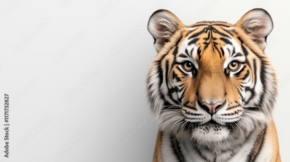 Side view of a tiger with striking features and intense gaze against a white background