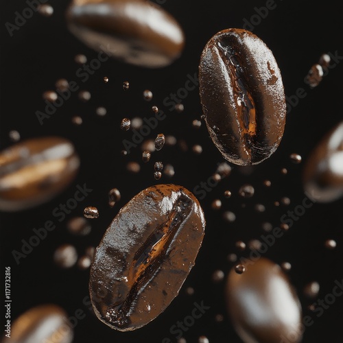 Coffee beans floating in mid-air showcasing rich textures and colors