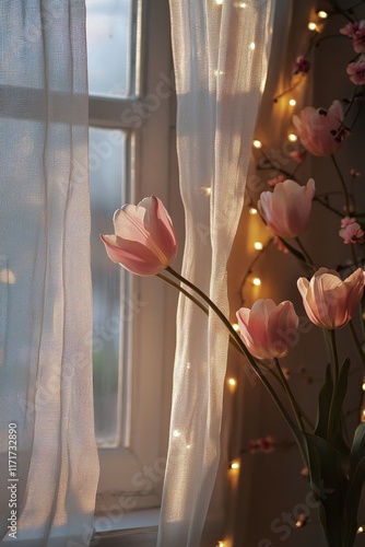 Soft pink tulips illuminated by warm light near a window with sheer curtains ...