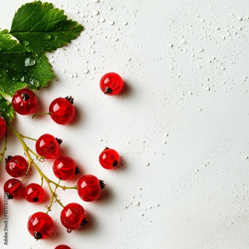 Fresh red currants with green leaves on a textured surface in a bright setting