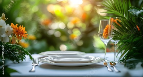 Elegant outdoor dining setup with floral accents and soft sunlight during gol...