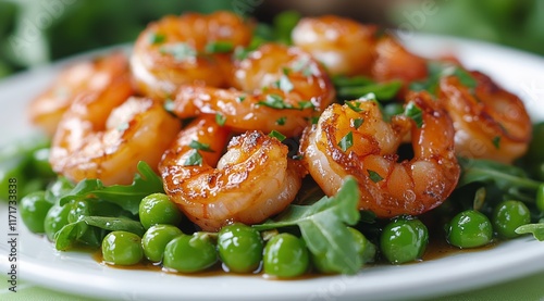 Savory shrimp dish with green peas and fresh herbs on a decorative plate