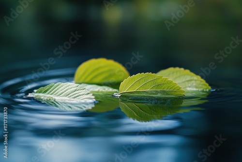 Floating green leaves on calm water with a serene natural backdrop