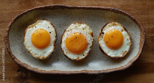 Deliciously cooked fried eggs served on a rustic plate with natural textures