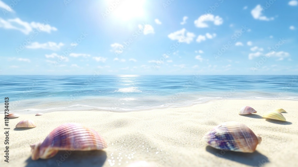 Serene beach scene with shells and calm ocean under a bright sky. Serene beach scene with shells and calm ocean under a bright sky.