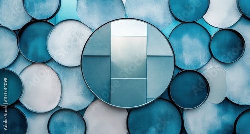 Circular mirrors reflecting light in a contemporary blue-themed interior space