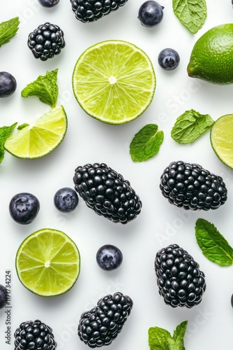 Fresh limes, blackberries, blueberries, and mint leaves arranged on a plain s...