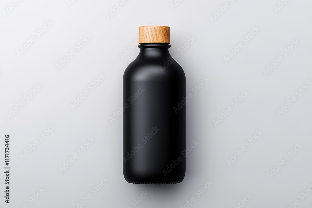 Obraz premium Unique black mockup bottle with a wooden cap set against a minimalistic background