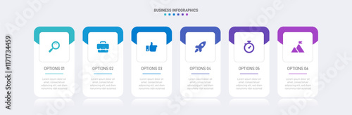 Horizontal progress bar featuring 6 arrow-shaped elements, symbolizing the six stages of business strategy and progression. Clean timeline infographic design template. Vector for presentation