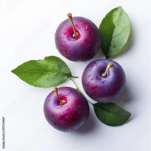 Fresh plums with droplets of water arranged on a white background
