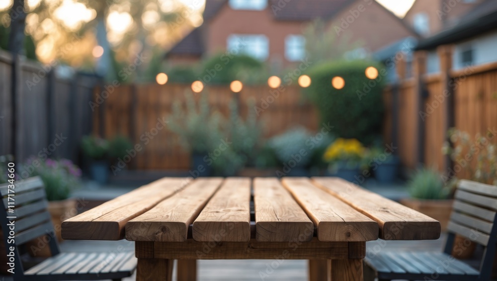 Outdoor wood table in a blurred backyard setting Outdoor wood table in a blurred backyard setting