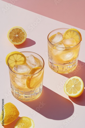 Refreshing lemon drinks with ice served on a stylish surface in afternoon light