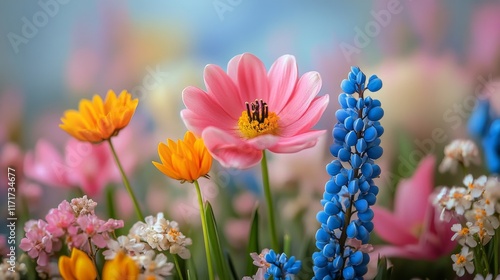 Colorful tulips and flowers arranged in a vibrant display against a dark back...