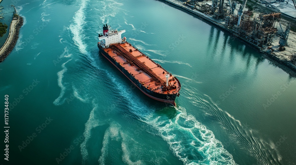 Large cargo ship sails teal water, leaving wake. Large cargo ship sails teal water, leaving wake.