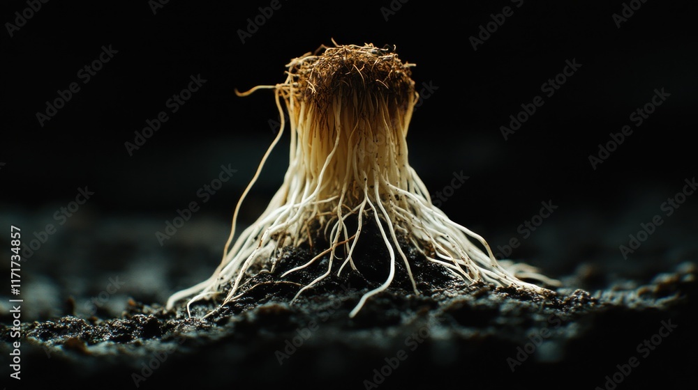 Close-up of a seedling's roots emerging from dark soil. Close-up of a seedling's roots emerging from dark soil.