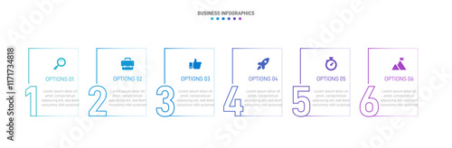 Horizontal progress bar featuring 6 arrow-shaped elements, symbolizing the six stages of business strategy and progression. Clean timeline infographic design template. Vector for presentation