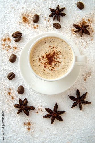 Delicious coffee with spices presented on a white background