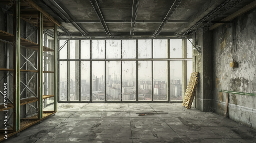 Industrial building under renovation with panoramic city view through large glass windows Industrial building under renovation with panoramic city view through large glass windows