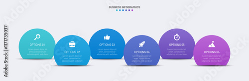 Horizontal progress bar featuring 6 arrow-shaped elements, symbolizing the six stages of business strategy and progression. Clean timeline infographic design template. Vector for presentation