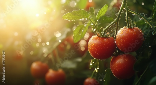 Fresh ripe tomatoes hanging on vines in a sunlit garden with morning dew