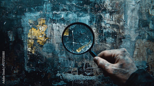 Hand holding a magnifying glass examining textured abstract artwork with layers of blue and gold paint photo