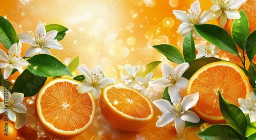 Bright citrus arrangement with oranges and blossoms capturing fresh summer es...