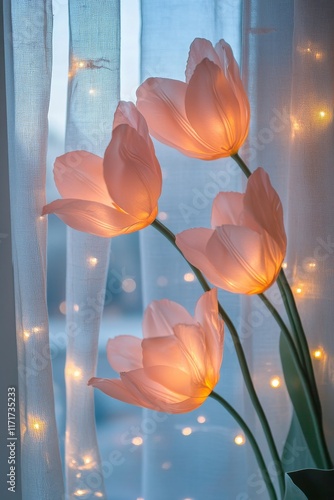 Soft pink tulips illuminated by warm light near a window with sheer curtains ...