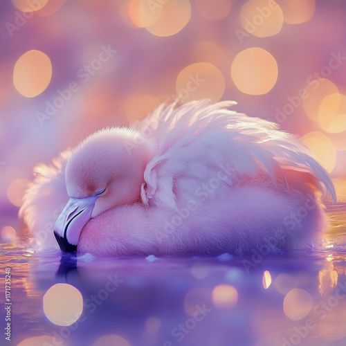 Elegant flamingo resting peacefully on water with a dreamy background at sunset