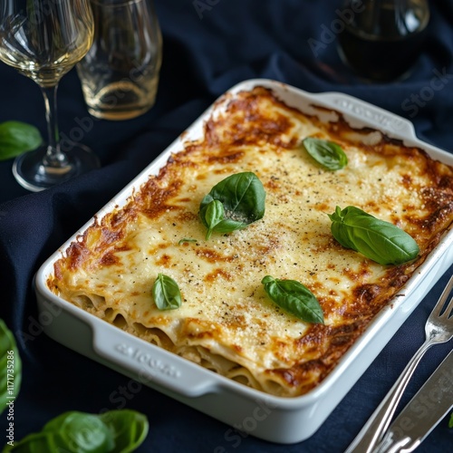 Savory lasagna served on a festive dining table with elegant glasses and fres...