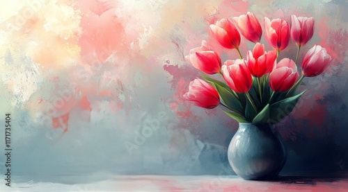 Beautiful arrangement of pink tulips in a blue vase on a pastel background