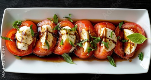 Colorful salad with fresh tomatoes, mozzarella, and basil served on a white p...