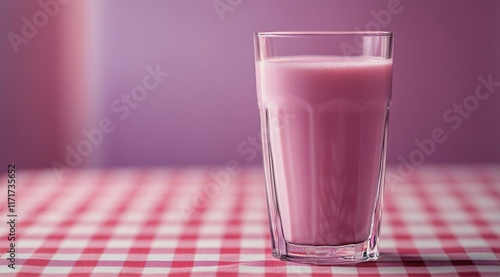 Refreshing pink drink in a transparent glass on a checkered tablecloth