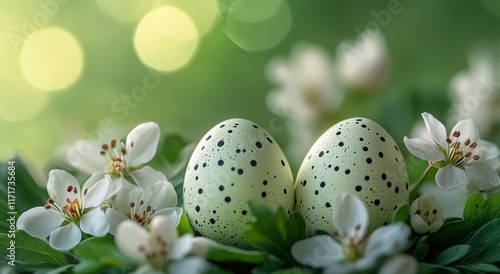 Decorative speckled eggs resting among delicate white flowers in natural gree...